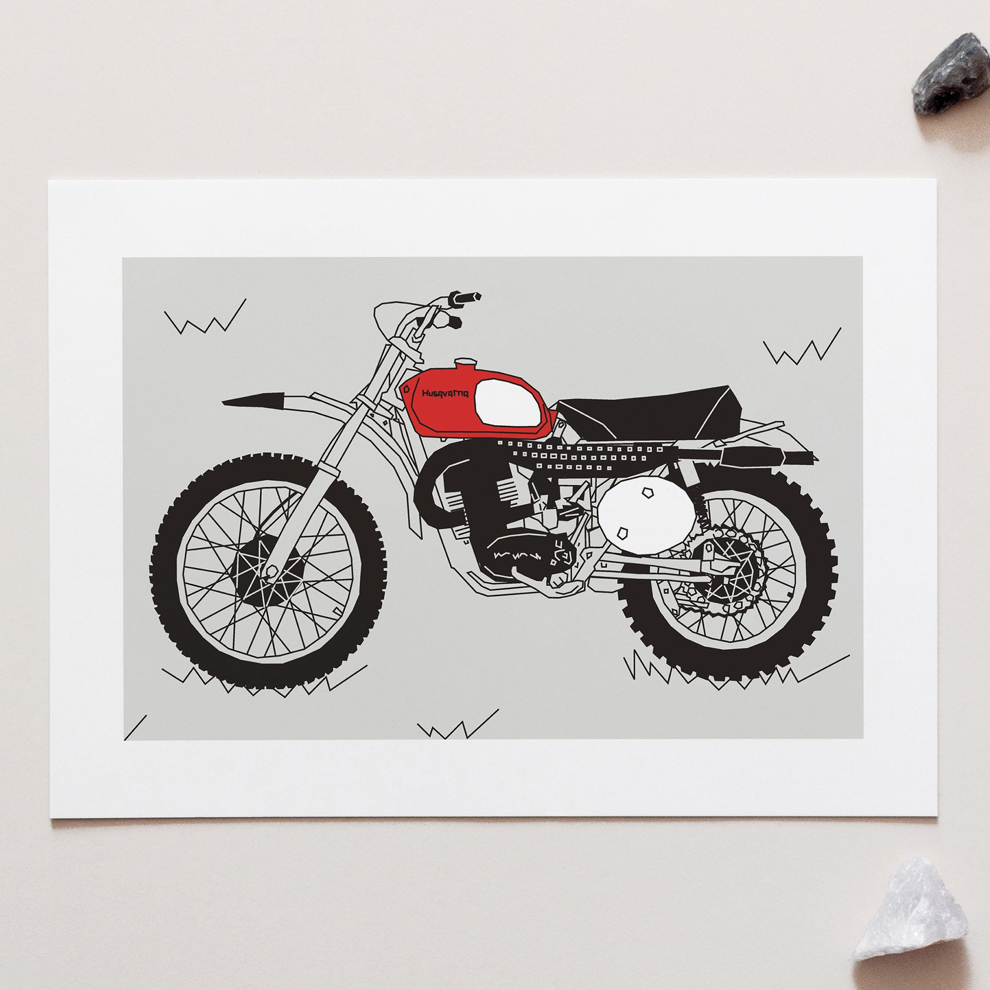 Red Vintage Motocross. Husqvarna 1970 400 Classic Motocross bike Art Print for sale
